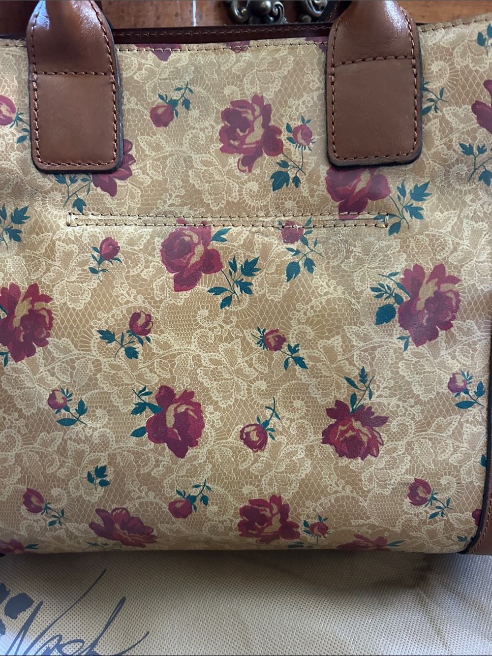 Patricia Nash Tan Floral Tote with Brown Trim and Red Roses - Picture 3 of 4